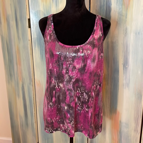 Elliot Lauren tank top clear sequined front slub back in magenta, grey & white. - Picture 1 of 8